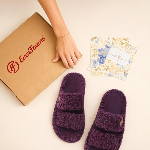 Women's Plum-Violet Fuzzy Open-toe Slippers Soft Comfy Foam Indoor House Shoes - Picture 10 of 11